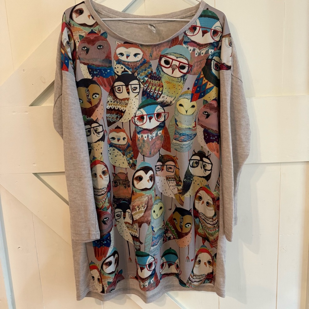 Fiona Gray Tunic with Colorful Owl Print Long‎ Sleeve Free Size Boho Whimsical